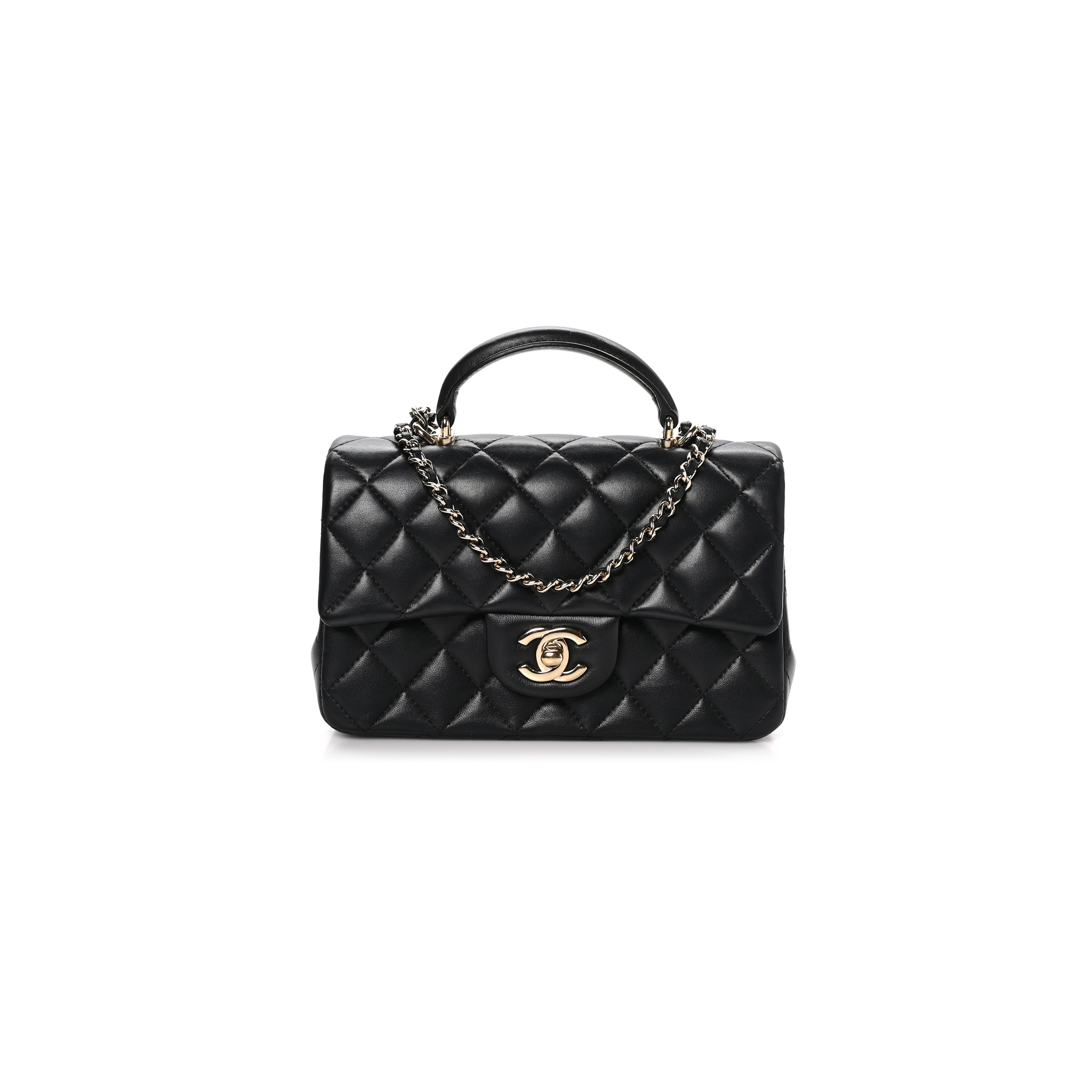 Ch*el lambskin quilted mini top handle rectangular flap black (20*12*6cm)